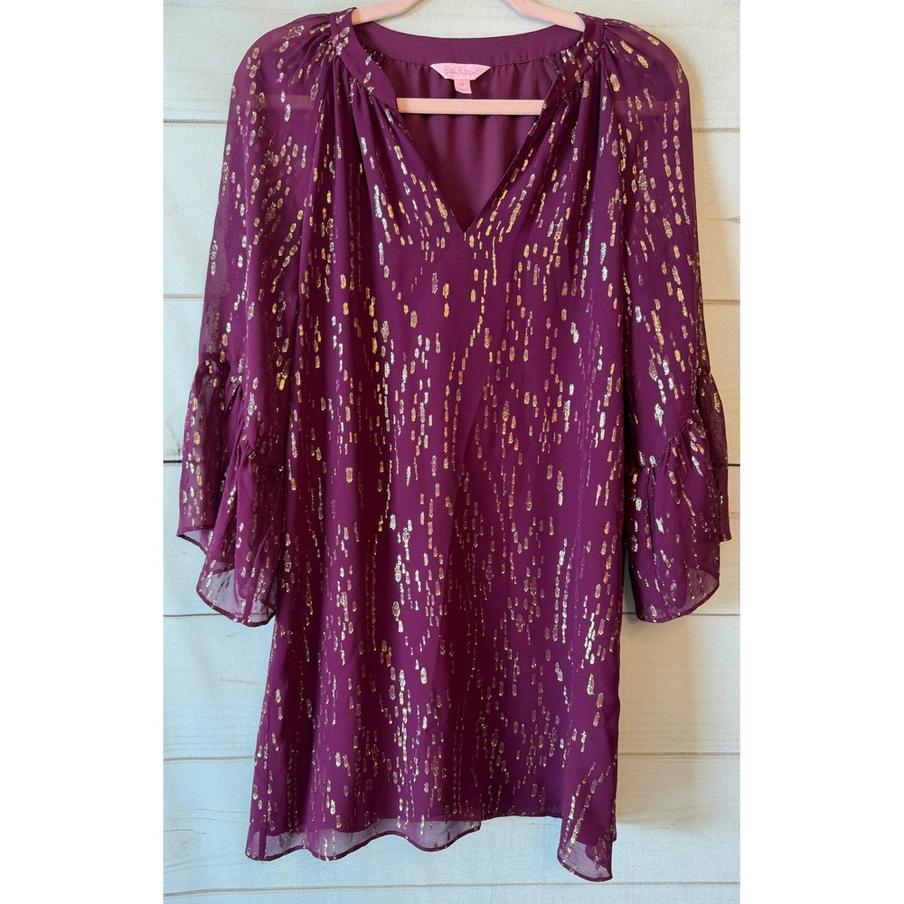 Lilly Pulitzer Silk Gold Metallic Clip Dot Shift Dress Purple XS V-Neck Ruffle